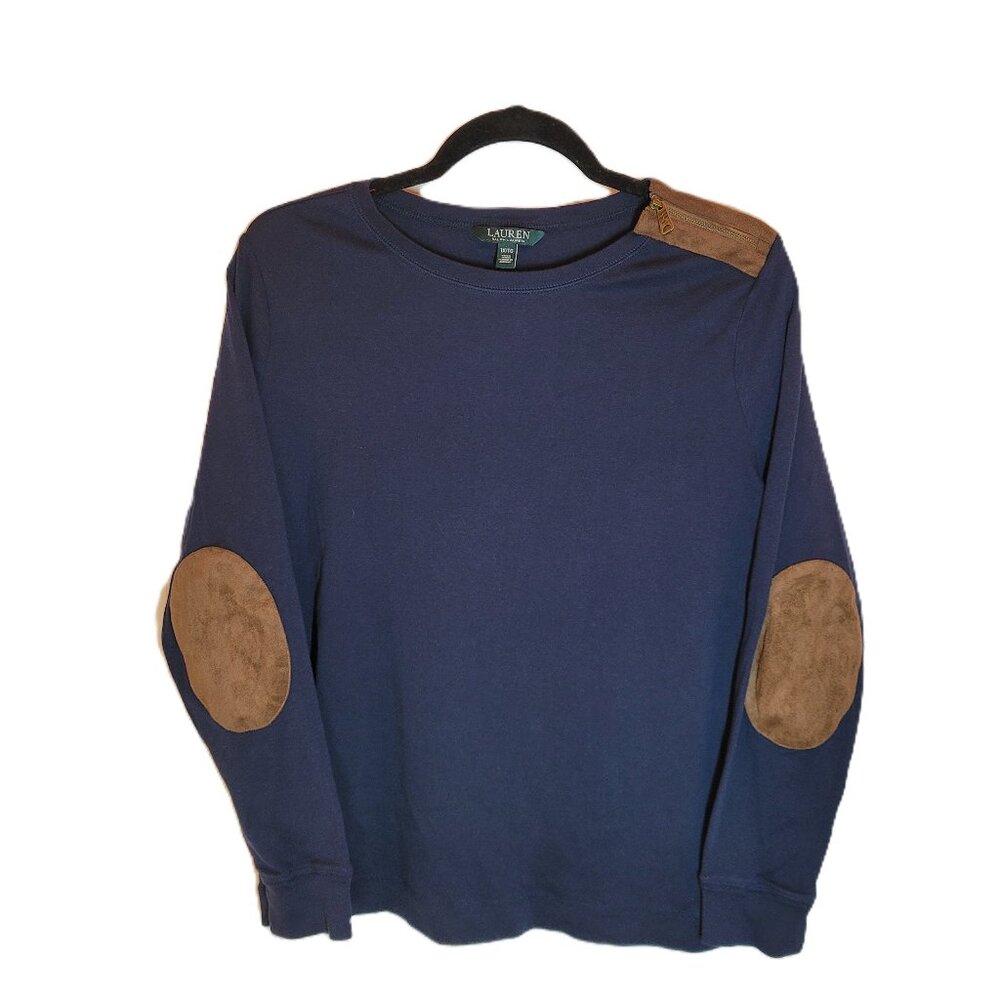 Lauren Ralph Lauren Women's Long Sleeve Navy Top Faux Suede Elbow Patches XL